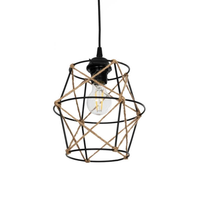 GloboStar® SOLON 201-0088 Vintage Κρεμαστό Φωτιστικό Πλέγμα Μονόφωτο 1 x E27 IP20 Μαύρο Μέταλλο με Μπεζ Σχοινί -  Μ22 x Π22 x Υ86cm