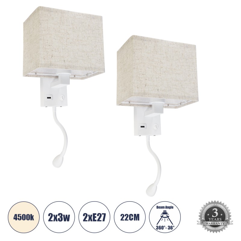 GloboStar® ROULETTE-S 61383 Μοντέρνο Φωτιστικό Τοίχου - Απλίκα Ξενοδοχείου Bed Side LED 3W 360lm & 1 x E27 36° & 360° AC 220-240V - Reading Up/Down Light - Φορτιστής USB 3A - Μ17 x Π20 x Υ37cm - Φυσικό Λευκό 4500K - Λευκό με Μπεζ Καπέλο - Σετ 2 Τε