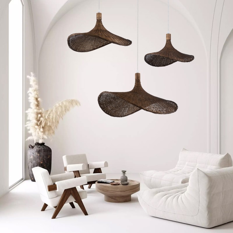 GloboStar® CUBA 01718 Boho Κρεμαστό Φωτιστικό Ανάρτηση Μονόφωτο 1 x E27 IP20 Καφέ Ξύλο - Μ43 x Π43 x Y30cm