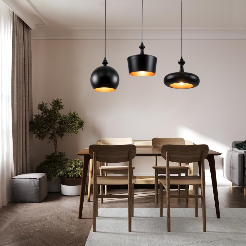 GloboStar® ROCKFORD 01287-C Μοντέρνο Κρεμαστό Φωτιστικό Καμπάνα Μονόφωτο 1 x E27 IP20 Μαύρο & Χρυσό Μέταλλο - Μ30 x Π30 x Y23cm