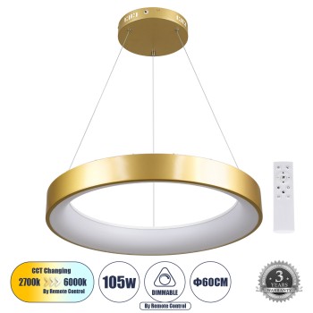 GLOBOSTAR® SALEM 61247 Μοντέρνο Κρεμαστό Φωτιστικό Οροφής LED 105W 12075lm 120° AC 220-240V IP20 Ρυθμιζόμενο Λευκό CCT με Χειριστήριο από 2700K έως 6000K Dimmable - Lumileds SMD Chip - Χρυσό - Μ60 x Π60 x Υ7cm - 3 Χρόνια Εγγύηση