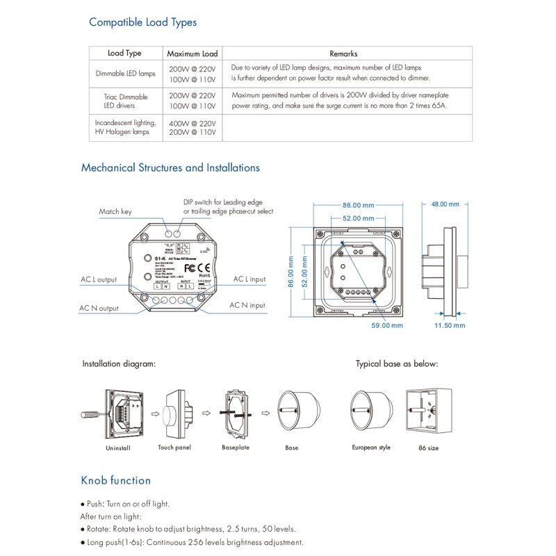 GloboStar® 71455 S1-K SKYDANCE AC Smart RF 2.4Ghz & Ροοστάτη - Push ON/OFF Triac Dimming AC100-240V σε AC100-240V 1 x 1.5A 360W - Max 1.5A 360W - IP20 - Μαύρο Σώμα - Μ8.5 x Π8.5 x Υ5cm - 5 Years Warranty