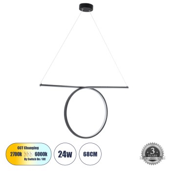 GLOBOSTAR® ROME 61294 Μοντέρνο Κρεμαστό Φωτιστικό Οροφής LED 24W 2640lm 200° AC 220-240V IP20 Ρυθμιζόμενο Λευκό CCT με On/Off 2700K/4500K/6000K - Lumileds SMD Chip - Μαύρο Ματ - Μ65.5 x Π4 x Υ33cm - 3 Χρόνια Εγγύηση