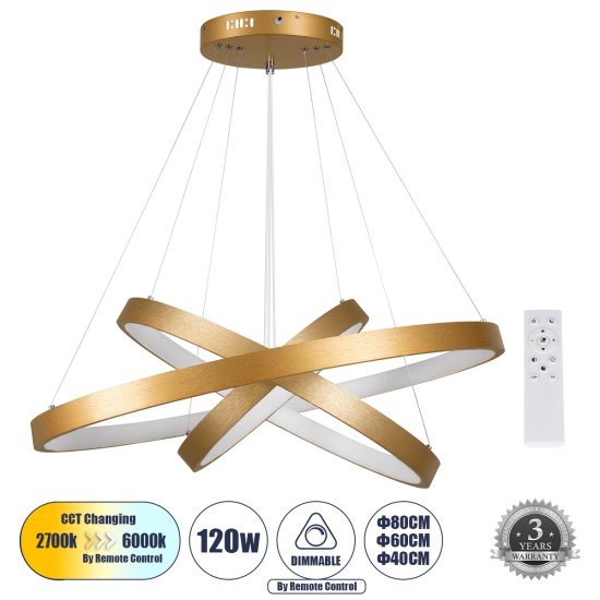 GLOBOSTAR® NEMESIS TRIO 61172-DECO Μοντέρνο Κρεμαστό Φωτιστικό Οροφής LED 120W 14723lm 360° AC 220-240V IP20 Ρυθμιζόμενο Λευκό CCT με Χειριστήριο από 2700K έως 6000K Dimmable - Lumileds SMD Chip - Χρυσό Βούρτσας - Μ40 x Π60 x Υ80cm - 3 Χρόνια Εγγύηση GloboStar® NEMESIS TRIO 61172-DECO Κρεμαστό Φωτιστικό Δαχτυλίδι-Κύκλος LED CCT 120W 14723lm 360° AC 220-240V - Εναλλαγή Φωτισμού μέσω Τηλεχειριστηρίου All In One Ψυχρό 6000k+Φυσικό 4500k+Θερμό 2700k Dimmable Φ40+60+80cm - Χρυσό Βούρτσας - 3 Years Warranty