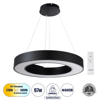 GLOBOSTAR® RA 61194 Μοντέρνο Κρεμαστό Φωτιστικό Οροφής LED 67W 7370lm 120° AC 220-240V IP20 Ρυθμιζόμενο Λευκό CCT με Χειριστήριο από 2700K έως 6000K Dimmable - Lumileds SMD Chip - Μαύρο Ματ - Μ60 x Π60 x Υ8cm - 3 Χρόνια Εγγύηση