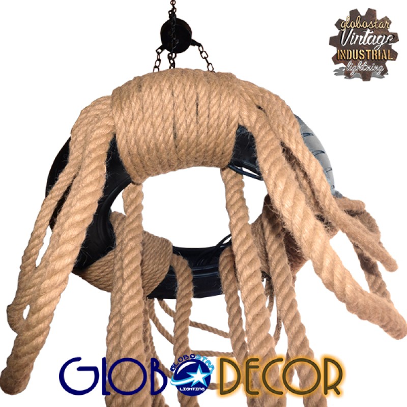 GloboStar® RUNNER 01115 Vintage Κρεμαστό Φωτιστικό Ανάρτηση Πολύφωτο 6 x E27 IP20 Μαύρο Πλαστικό με Μπεζ Σχοινί - Μ45 x Π45 x Υ60cm