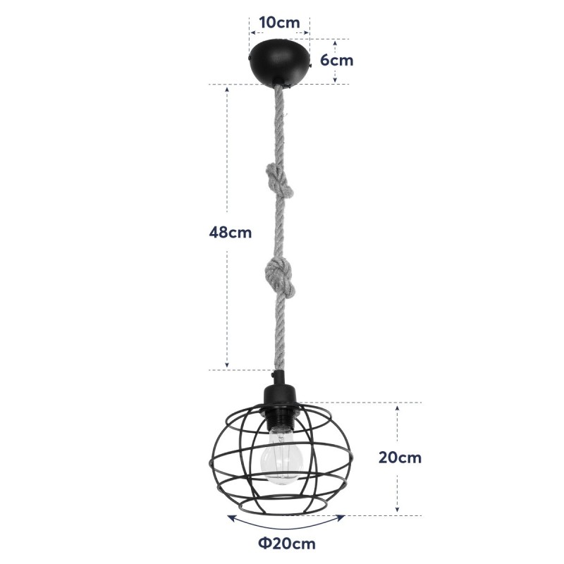 GloboStar® TALAH 203-0008 Vintage Κρεμαστό Φωτιστικό Σχοινί Μονόφωτο 1 x E27 IP20 Μαύρο Μέταλλο με Μπεζ Σχοινί - Μ20 x Π20 x Υ20cm