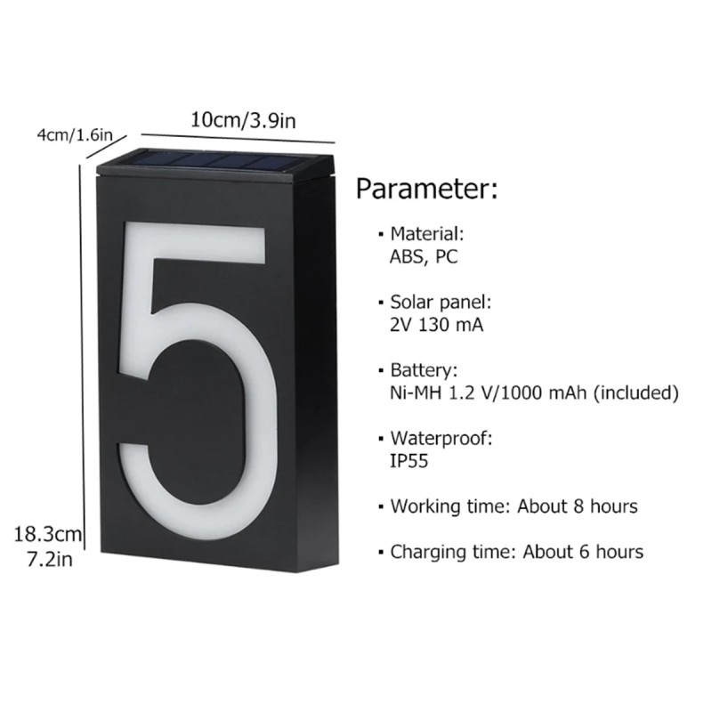 GloboStar® 71516 Αυτόνομο Ηλιακό Φωτιστικό LED SMD 1W 100lm με Ενσωματωμένη Μπαταρία 1000mAh - Φωτοβολταϊκό Πάνελ με Αισθητήρα Ημέρας-Νύχτας για Αρίθμηση Δρόμου με Αριθμό 6 Αδιάβροχο IP55 Ψυχρό Λευκό 6000K