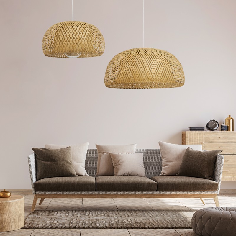 GloboStar® SAN TROPEZ 01627 Boho Κρεμαστό Φωτιστικό Πλέγμα Μονόφωτο 1 x E27 IP20 Μπεζ Ξύλο - Μ60 x Π60 x Υ29cm
