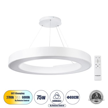 GLOBOSTAR® RA 61197 Μοντέρνο Κρεμαστό Φωτιστικό Οροφής LED 75W 8250lm 120° AC 220-240V IP20 Ρυθμιζόμενο Λευκό CCT με Χειριστήριο από 2700K έως 6000K Dimmable - Lumileds SMD Chip - Λευκό Ματ - Μ80 x Π80 x Υ8cm - 3 Χρόνια Εγγύηση
