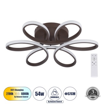 GLOBOSTAR® MARGARET 61402 Μοντέρνο Φωτιστικό Οροφής LED 54W 6210lm 360° AC 220-240V IP20 Ρυθμιζόμενο Λευκό CCT με Χειριστήριο από 2700K έως 6000K Dimmable - Lumileds SMD Chip - Καφέ Ματ - Μ57 x Π57 x Υ12cm - 3 Χρόνια Εγγύηση