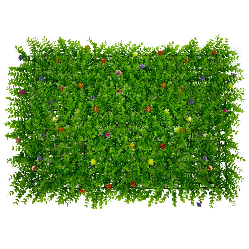 GLOBOSTAR® BUXUS 78408 Τεχνητό Πάνελ Φυλλωσιάς / Κάθετος Κήπος Καυκάσιο Πυξάρι & Πολύχρωμα Λουλούδια - Πράσινο - Μ60 x Π8 x Υ40cm