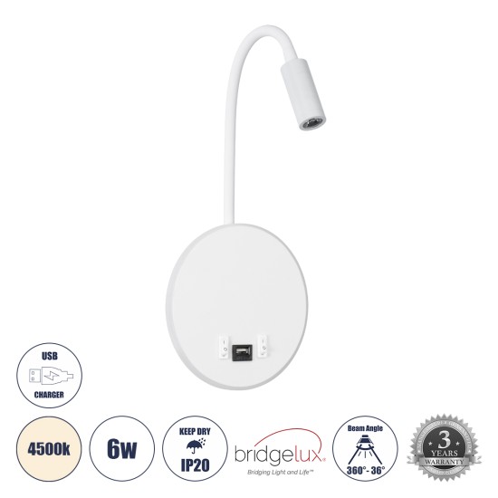 GloboStar® GOOSE 60881 Μοντέρνο Φωτιστικό Τοίχου - Απλίκα Ξενοδοχείου Bed Side LED 6W 600lm 36° & 360° AC 220-240V - Reading Light & 360° Κρυφός Φωτισμός - Φορτιστής USB 3A - Μ15.5 x Π15 x Υ30.5cm - Φυσικό Λευκό 4500K - Λευκό - 3 Xρόνια Εγγύηση GloboStar® GOOSE 60881 Μοντέρνο Φωτιστικό Τοίχου - Απλίκα Ξενοδοχείου Bed Side LED 6W 600lm 36° & 360° AC 220-240V - Reading Light & 360° Κρυφός Φωτισμός - Φορτιστής USB 3A - Μ15.5 x Π15 x Υ30.5cm - Φυσικό Λευκό 4500K - Λευκό - 3 Xρόνια Εγγύηση