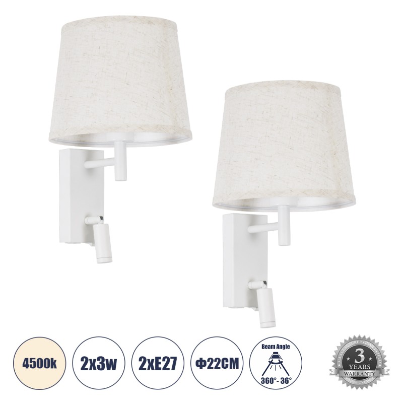 GloboStar® ROULETTE-R 61380 Μοντέρνο Φωτιστικό Τοίχου - Απλίκα Ξενοδοχείου Bed Side LED 3W 360lm & 1 x E27 36° & 360° AC 220-240V - Reading Up/Down Light - Φορτιστής USB 3A - Μ22 x Π23.5 x Υ37cm - Φυσικό Λευκό 4500K - Λευκό με Μπεζ Καπέλο - Σετ 2