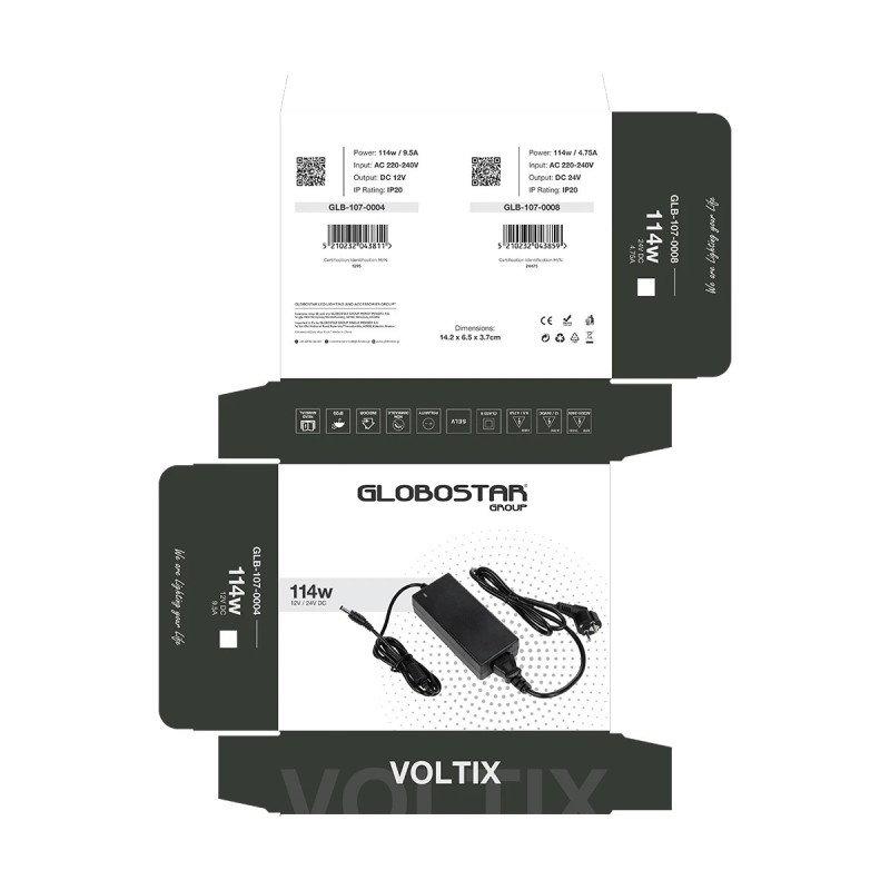 GLOBOSTAR® VOLTIX GLB-107-0004 Τροφοδοτικό/Μετασχηματιστής Class II SELV 120W 9.5A AC 220-240V σε DC 12V IP20 - Μαύρο Ματ - Μ14.2 x Π6.5 x Υ3.7cm - 3 Χρόνια Εγγύηση