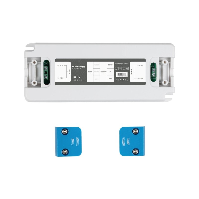GLOBOSTAR® PLUX GLB-107-0010 Τροφοδοτικό/Μετασχηματιστής Class II SELV 36W 3A AC 220-240V σε DC 12V IP20 - Λευκό Ματ - Μ12.8 x Π5 x Υ1.5cm - 3 Χρόνια Εγγύηση