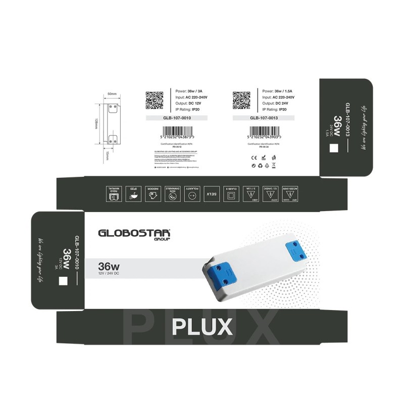 GLOBOSTAR® PLUX GLB-107-0010 Τροφοδοτικό/Μετασχηματιστής Class II SELV 36W 3A AC 220-240V σε DC 12V IP20 - Λευκό Ματ - Μ12.8 x Π5 x Υ1.5cm - 3 Χρόνια Εγγύηση
