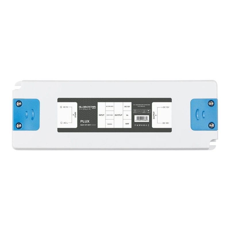 GLOBOSTAR® PLUX GLB-107-0011 Τροφοδοτικό/Μετασχηματιστής Class II SELV 60W 5A AC 220-240V σε DC 12V IP20 - Λευκό Ματ - Μ18.5 x Π6.4 x Υ2.2cm - 3 Χρόνια Εγγύηση