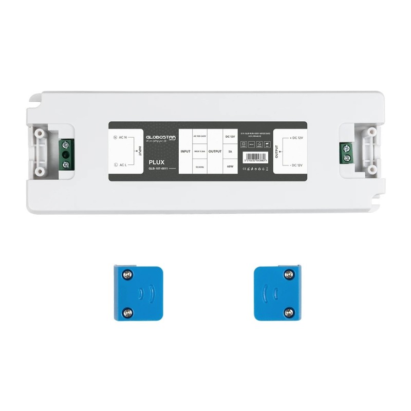 GLOBOSTAR® PLUX GLB-107-0011 Τροφοδοτικό/Μετασχηματιστής Class II SELV 60W 5A AC 220-240V σε DC 12V IP20 - Λευκό Ματ - Μ18.5 x Π6.4 x Υ2.2cm - 3 Χρόνια Εγγύηση