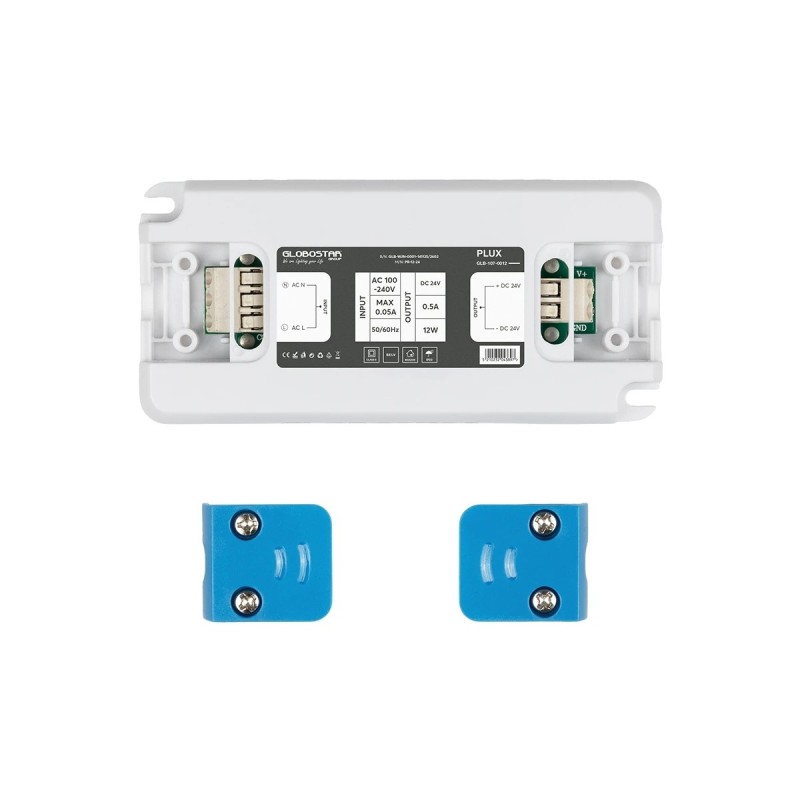 GLOBOSTAR® PLUX GLB-107-0012 Τροφοδοτικό/Μετασχηματιστής Class II SELV 12W 0.5A AC 220-240V σε DC 24V IP20 - Λευκό Ματ - Μ9.9 x Π4.6 x Υ1.1cm - 3 Χρόνια Εγγύηση