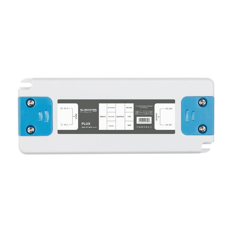 GLOBOSTAR® PLUX GLB-107-0013 Τροφοδοτικό/Μετασχηματιστής Class II SELV 36W 1.5A AC 220-240V σε DC 24V IP20 - Λευκό Ματ - Μ12.8 x Π5 x Υ1.5cm - 3 Χρόνια Εγγύηση