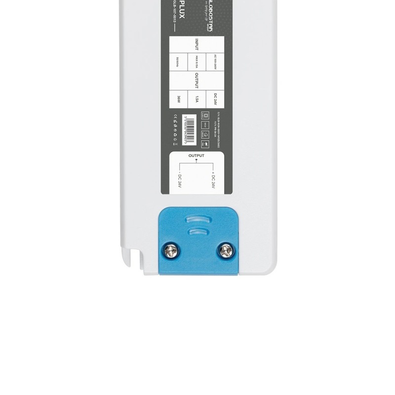 GLOBOSTAR® PLUX GLB-107-0013 Τροφοδοτικό/Μετασχηματιστής Class II SELV 36W 1.5A AC 220-240V σε DC 24V IP20 - Λευκό Ματ - Μ12.8 x Π5 x Υ1.5cm - 3 Χρόνια Εγγύηση