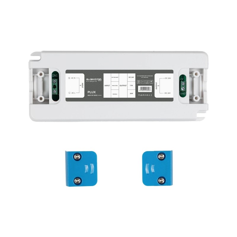 GLOBOSTAR® PLUX GLB-107-0013 Τροφοδοτικό/Μετασχηματιστής Class II SELV 36W 1.5A AC 220-240V σε DC 24V IP20 - Λευκό Ματ - Μ12.8 x Π5 x Υ1.5cm - 3 Χρόνια Εγγύηση