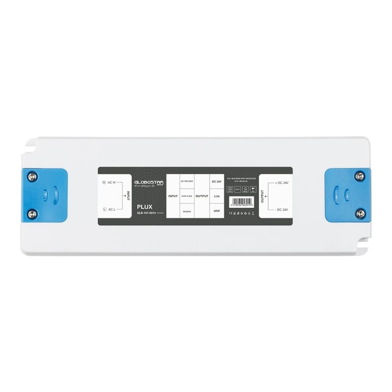 GLOBOSTAR® PLUX GLB-107-0014 Τροφοδοτικό/Μετασχηματιστής Class II SELV 60W 2.5A AC 220-240V σε DC 24V IP20 - Λευκό Ματ - Μ18.5 x Π6.4 x Υ2.2cm - 3 Χρόνια Εγγύηση