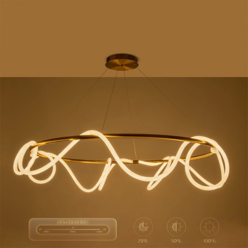 kelvo® GLOW KLV-101-0165 Κρεμαστό Φωτιστικό Οροφής LED 100W 10000lm 360° AC 220-240V IP20 Ρυθμιζόμενο Λευκό CCT με Χειριστήριο από 2700K έως 6000K Dimmable - Lumileds SMD Chip - Χρυσό Πλατίνα - Μ150 x Π150 x Υ100cm - 3 Χρόνια Εγγύηση