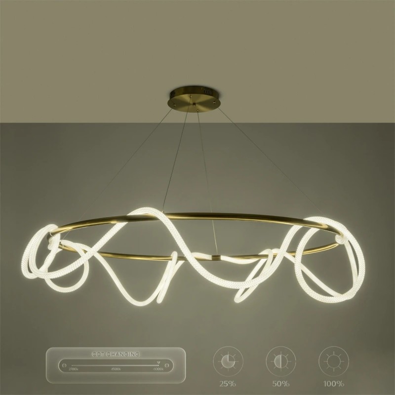 kelvo® GLOW KLV-101-0165 Κρεμαστό Φωτιστικό Οροφής LED 100W 10000lm 360° AC 220-240V IP20 Ρυθμιζόμενο Λευκό CCT με Χειριστήριο από 2700K έως 6000K Dimmable - Lumileds SMD Chip - Χρυσό Πλατίνα - Μ150 x Π150 x Υ100cm - 3 Χρόνια Εγγύηση