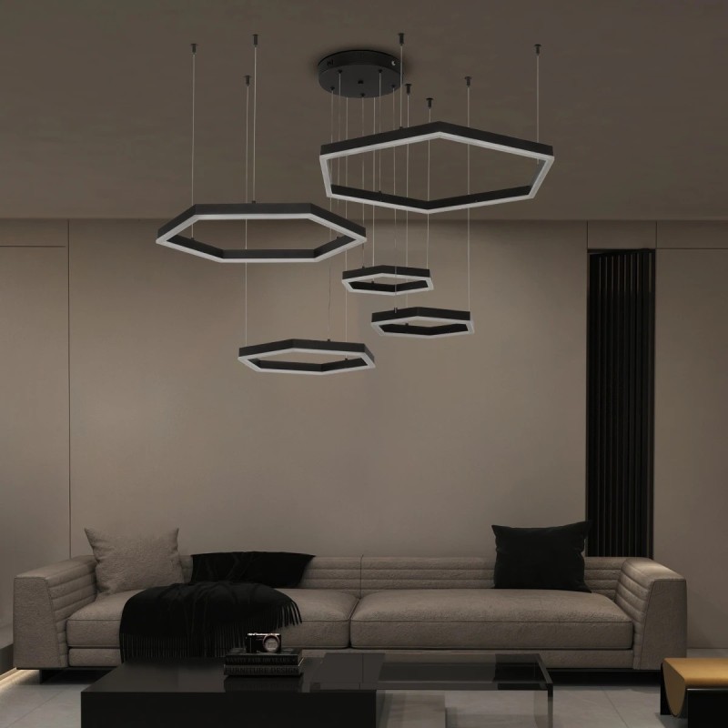 kelvo® LEXAGON KLV-101-0179 Κρεμαστό Φωτιστικό Οροφής LED 120W 12000lm 200° AC 220-240V IP20 Ρυθμιζόμενο Λευκό CCT με Χειριστήριο από 2700K έως 6000K Dimmable - Lumileds SMD Chip - Μαύρο Ματ - Μ110 x Π90 x Υ110cm - 3 Χρόνια Εγγύηση