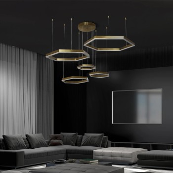 kelvo® LEXAGON KLV-101-0180 Κρεμαστό Φωτιστικό Οροφής LED 120W 12000lm 200° AC 220-240V IP20 Ρυθμιζόμενο Λευκό CCT με Χειριστήριο από 2700K έως 6000K Dimmable - Lumileds SMD Chip - Χρυσό Πλατίνα - Μ110 x Π90 x Υ110cm - 3 Χρόνια Εγγύηση