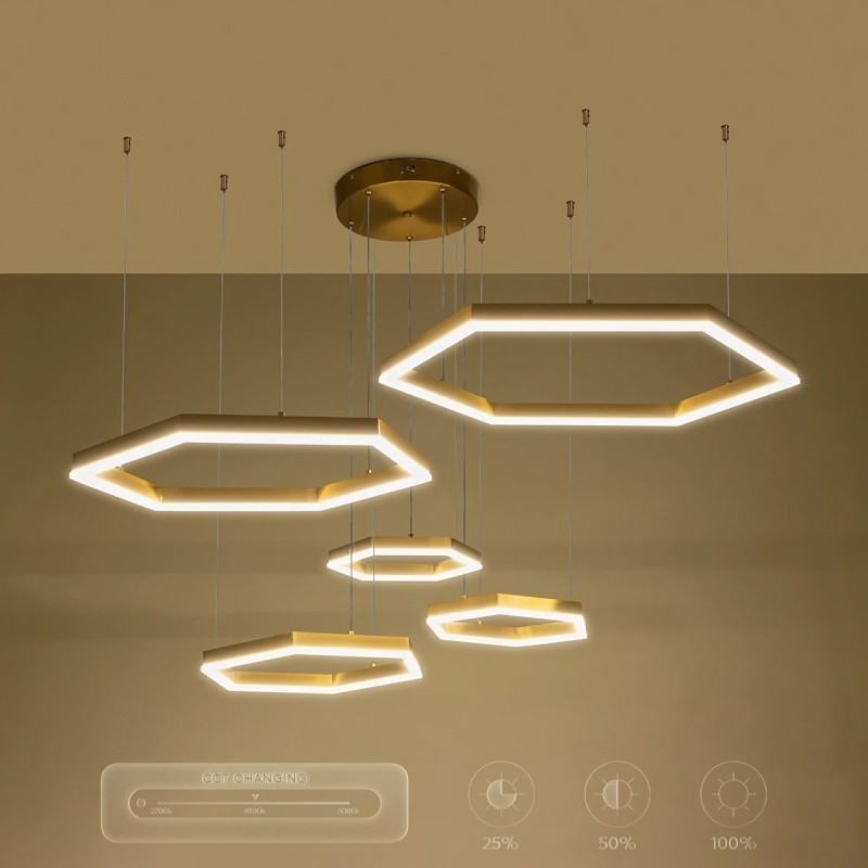 kelvo® LEXAGON KLV-101-0180 Κρεμαστό Φωτιστικό Οροφής LED 120W 12000lm 200° AC 220-240V IP20 Ρυθμιζόμενο Λευκό CCT με Χειριστήριο από 2700K έως 6000K Dimmable - Lumileds SMD Chip - Χρυσό Πλατίνα - Μ110 x Π90 x Υ110cm - 3 Χρόνια Εγγύηση