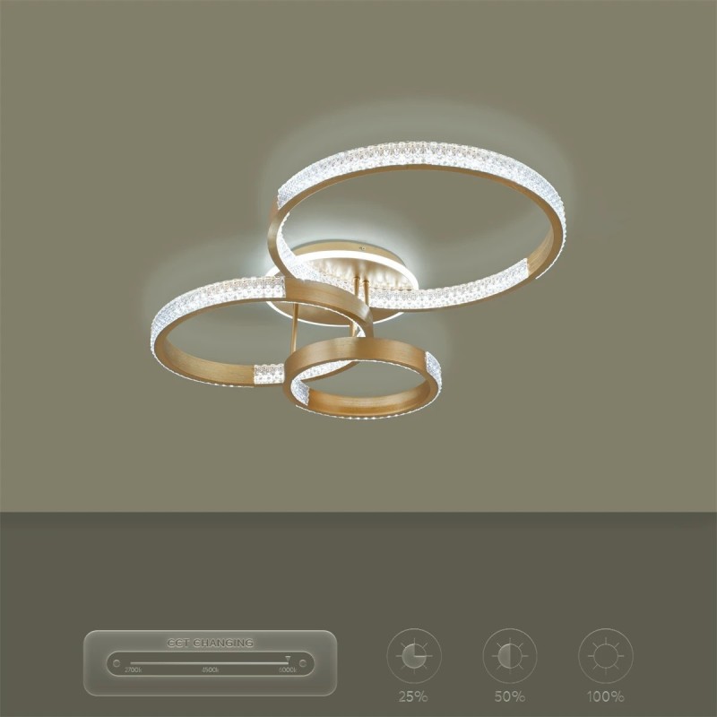 kelvo® DIAMOND KLV-101-0228 Φωτιστικό Οροφής LED 100W 10000lm 360° AC 220-240V IP20 Ρυθμιζόμενο Λευκό CCT με Χειριστήριο από 2700K έως 6000K Dimmable - Lumileds SMD Chip - Χρυσό Πλατίνα - Μ80 x Π50 x Υ20cm - 3 Χρόνια Εγγύηση