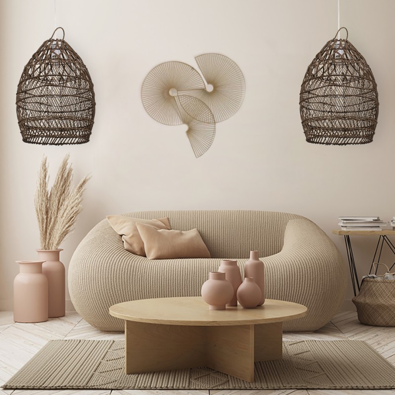 GloboStar® TAHITI 00711 Boho Κρεμαστό Φωτιστικό Πλέγμα Μονόφωτο 1 x E27 IP20 Καφέ Ξύλο - Μ38 x Π38 x Υ50cm