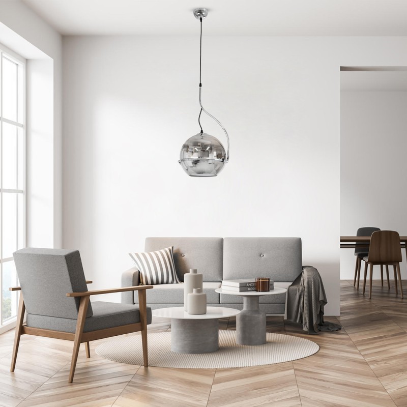 GloboStar® GLASSO 60928 Μοντέρνο Κρεμαστό Φωτιστικό Μπάλα Μονόφωτο 1 x E27 IP20 Ασημί Γυαλί με Ασημί Μέταλλο - Μ27 x Π27 x Υ52cm
