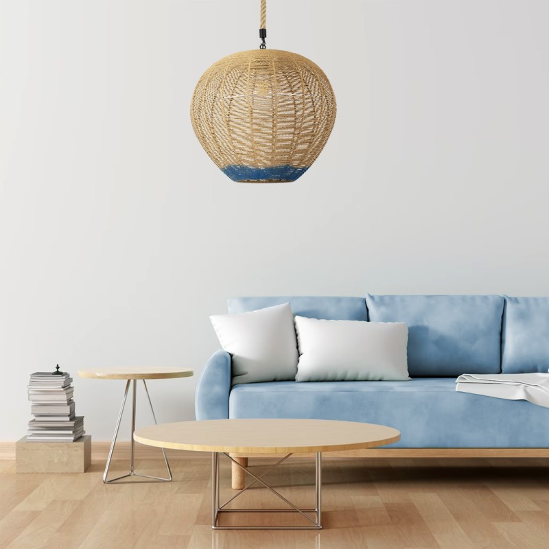 GloboStar® SIMON 00727 Boho Κρεμαστό Φωτιστικό Ανάρτηση Μονόφωτο 1 x E27 IP20 Μπεζ & Μπλε Σχοινί - Μ50 x Π50 x Y47cm