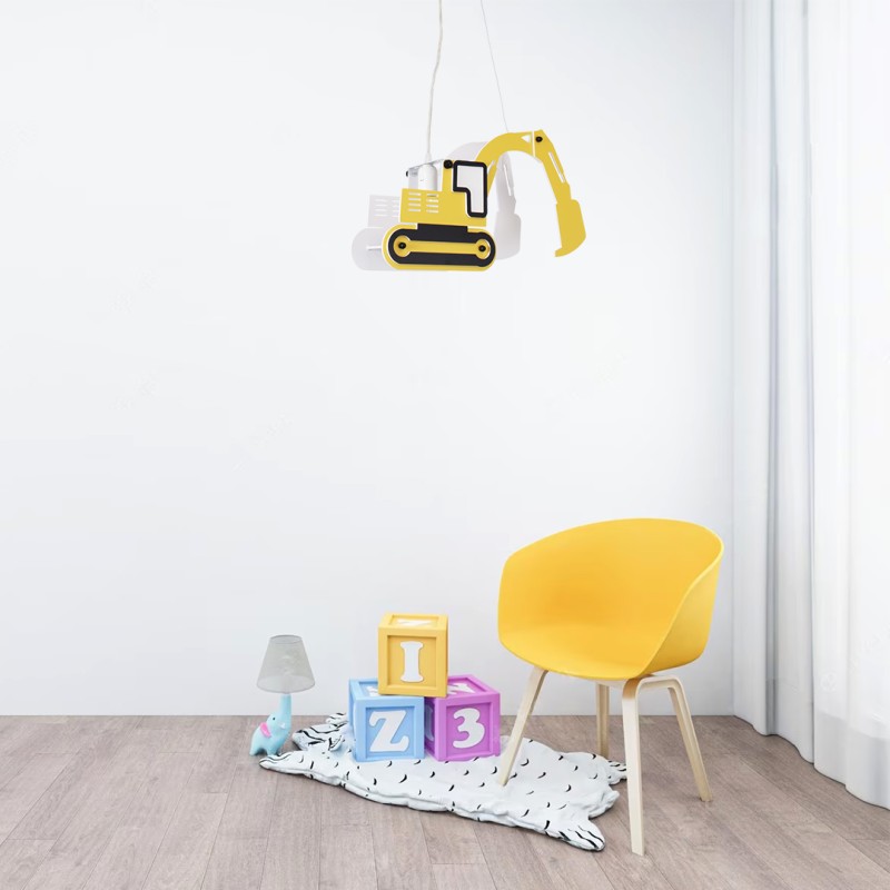 GloboStar® EXCAVATOR 61579 Παιδικό Κρεμαστό Φωτιστικό Φιγούρα Μονόφωτο 1 x E27 IP20 Κίτρινο & Μαύρο Πλαστικό - Μ45 x Π15.5 x Υ27cm