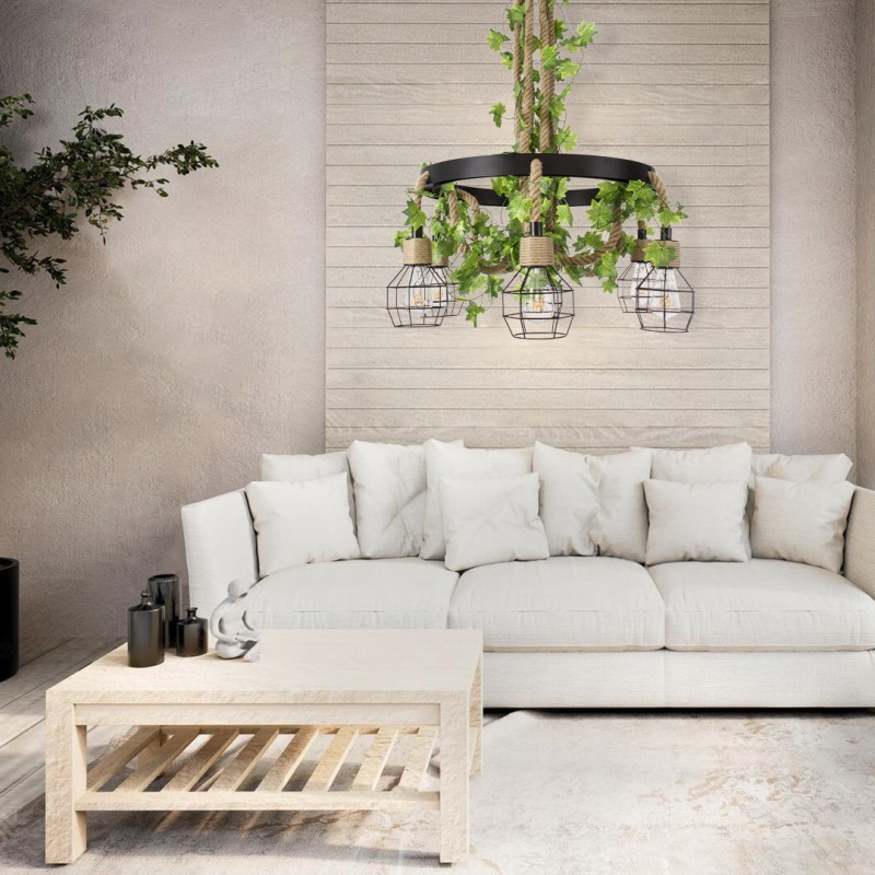 GloboStar® HELLET 01193 Vintage Κρεμαστό Φωτιστικό Πλέγμα Πολύφωτο 6 x E27 IP20 Μαύρο Μέταλλο, Πράσινο Πλαστικό με Μπεζ Σχοινί - Μ72 x Π72 x Υ80cm