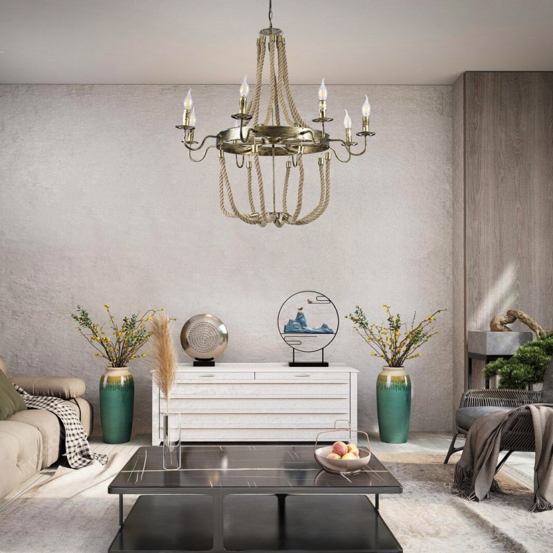 GloboStar® BAVARIAN 01405 Vintage Κρεμαστό Φωτιστικό Ανάρτηση Πολύφωτο 8 x E14 IP20 Μπρούτζινο Μέταλλο με Μπεζ Σχοινί - Μ87 x Π87 x Y80cm