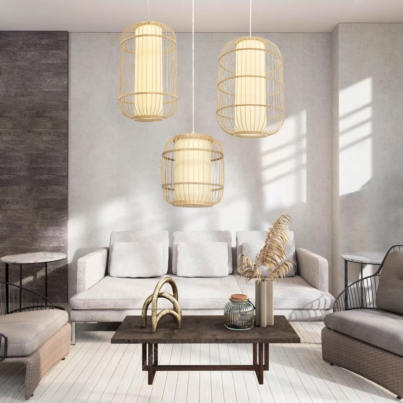 GloboStar® HIBISCUS 01633 Boho Κρεμαστό Φωτιστικό Ανάρτηση Μονόφωτο 1 x E27 IP20 Μπεζ Ξύλο - Μ26 x Π26 x Y32cm