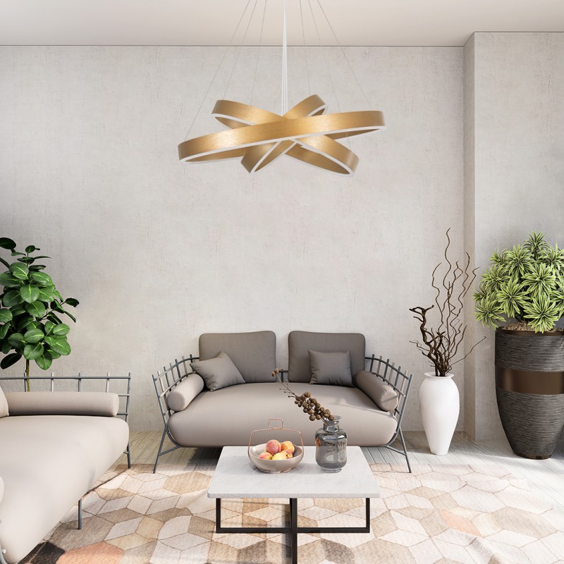 GloboStar® VENOM TRIO 61190-DECO Κρεμαστό Φωτιστικό Δαχτυλίδι-Κύκλος LED CCT 120W 14158lm 120° AC 220-240V - Εναλλαγή Φωτισμού μέσω Τηλεχειριστηρίου All In One Ψυχρό 6000K+Φυσικό 4500K+Θερμό 2700K Dimmable Φ40+60+80cm - Χρυσό Βούρτσας - 3 Years Warranty