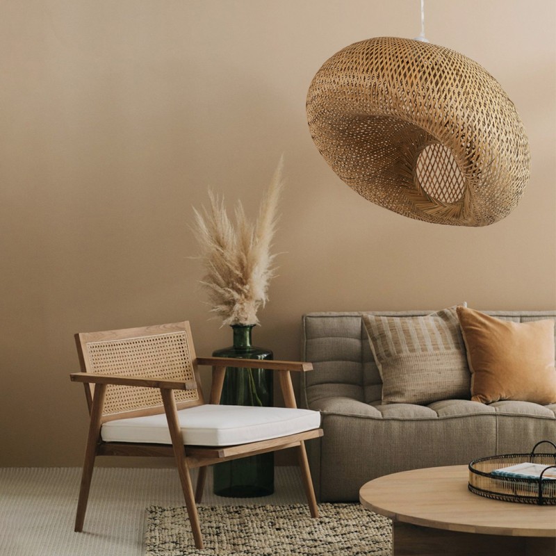 GloboStar® CARIBBEAN 01724 Boho Κρεμαστό Φωτιστικό Ανάρτηση Μονόφωτο 1 x E27 IP20 Μπεζ Ξύλο - Μ60 x Π60 x Υ38cm