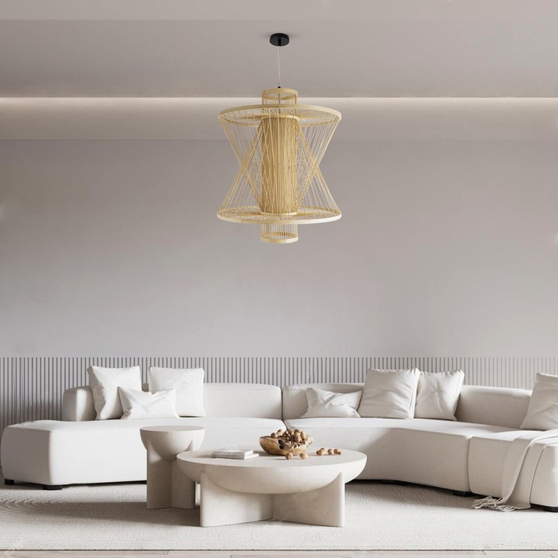 GloboStar® HIBISCUS 01931 Boho Κρεμαστό Φωτιστικό Πλέγμα Μονόφωτο 1 x E27 IP20 Μπεζ Ξύλο - Μ50 x Π50 x Υ60cm