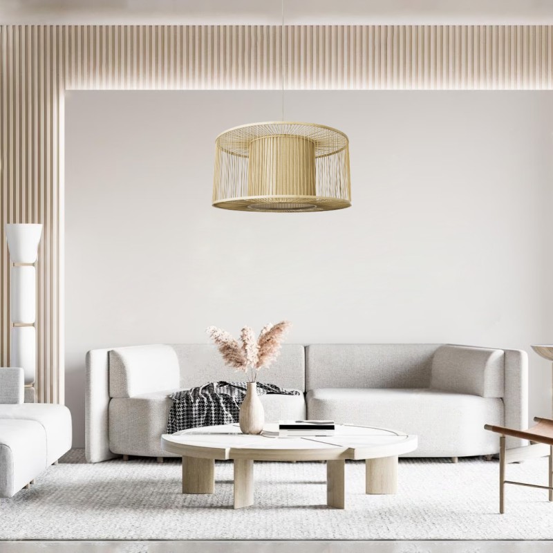 GloboStar® HIBISCUS 01936 Boho Κρεμαστό Φωτιστικό Πλέγμα Μονόφωτο 1 x E27 IP20 Μπεζ Ξύλο - Μ80 x Π80 x Υ38cm