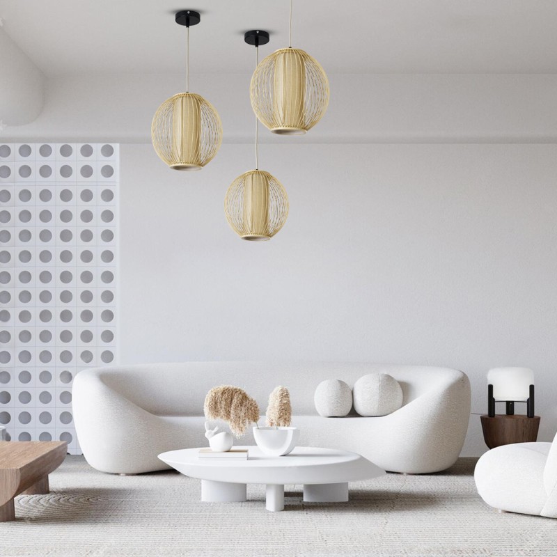 GloboStar® HIBISCUS 01934 Boho Κρεμαστό Φωτιστικό Πλέγμα Μονόφωτο 1 x E27 IP20 Μπεζ Ξύλο - Μ28 x Π28 x Υ28cm