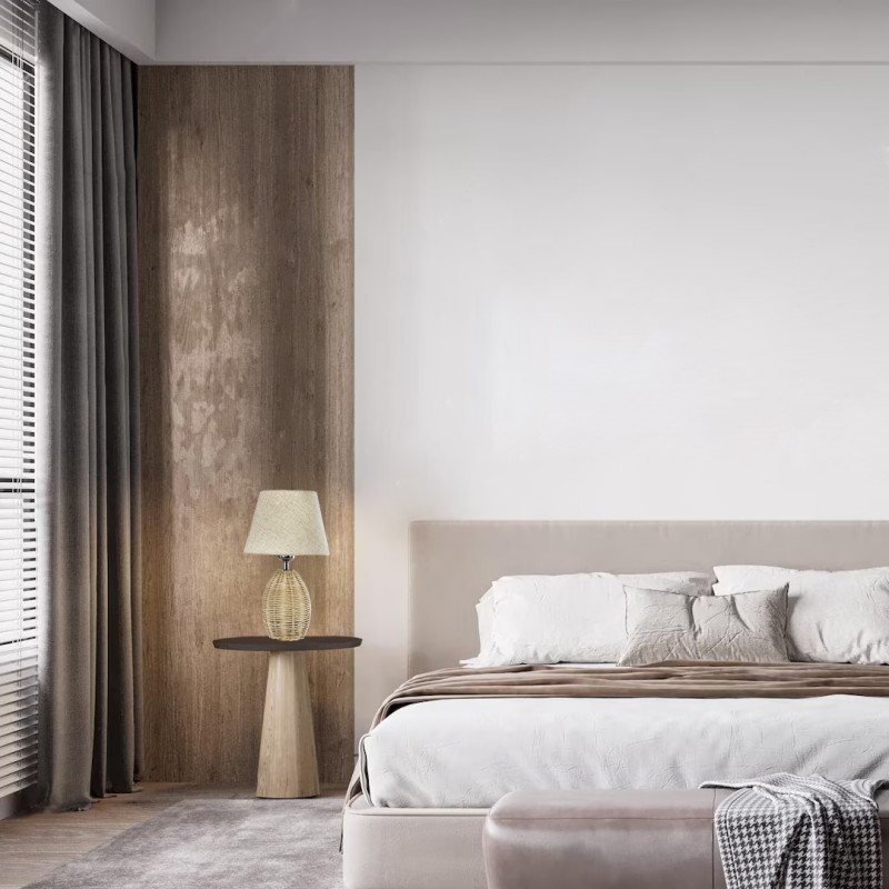 GloboStar® HASUMI 01956 Boho Επιτραπέζιο Φωτιστικό Πορτατίφ Μονόφωτο 1 x E27 AC220-240V IP20 - Φ23 x Υ40cm - Μπεζ Ξύλινο Ρατάν Πλέγμα με Μπεζ Καπέλο