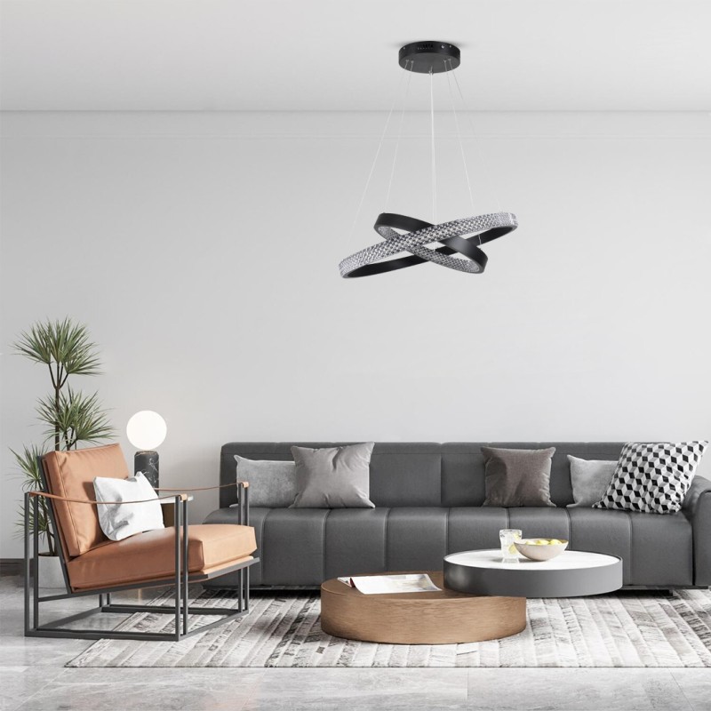 GLOBOSTAR® DIAMOND DUO 61150-DECO Μοντέρνο Κρεμαστό Φωτιστικό Οροφής LED 75W 8743lm 360° AC 220-240V IP20 Ρυθμιζόμενο Λευκό CCT με Χειριστήριο από 2700K έως 6000K Dimmable - Lumileds SMD Chip - Μαύρο - Μ60 x Π60 x Υ40cm - 3 Χρόνια Εγγύηση