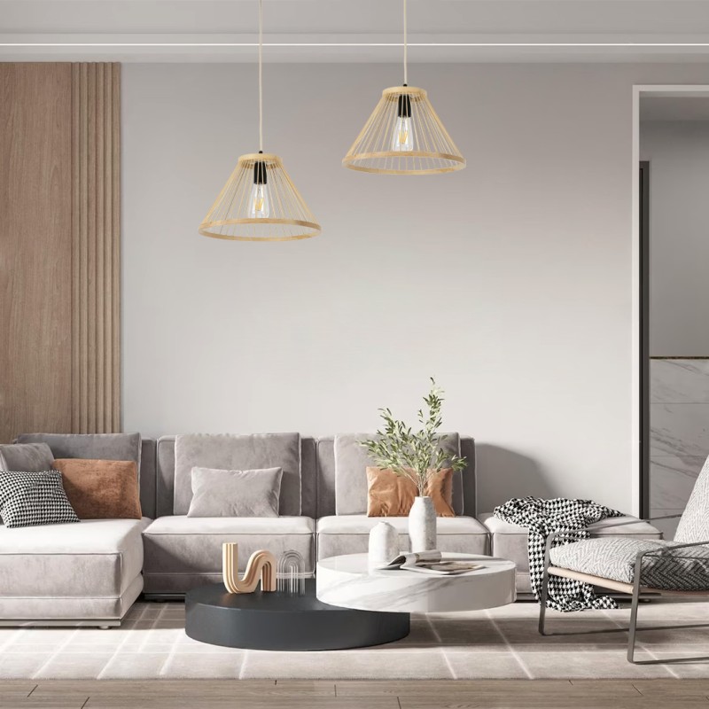 GloboStar® TYGEE 01930 Boho Κρεμαστό Φωτιστικό Πλέγμα Μονόφωτο 1 x E27 IP20 Μπεζ Ξύλο - Μ35 x Π35 x Υ22cm