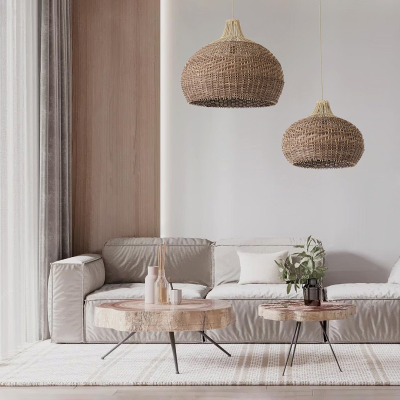 GloboStar® PANAMA 01952 Boho Κρεμαστό Φωτιστικό Καμπάνα Μονόφωτο 1 x E27 IP20 Καφέ & Μπεζ Ξύλο - Μ40 x Π40 x Υ34cm